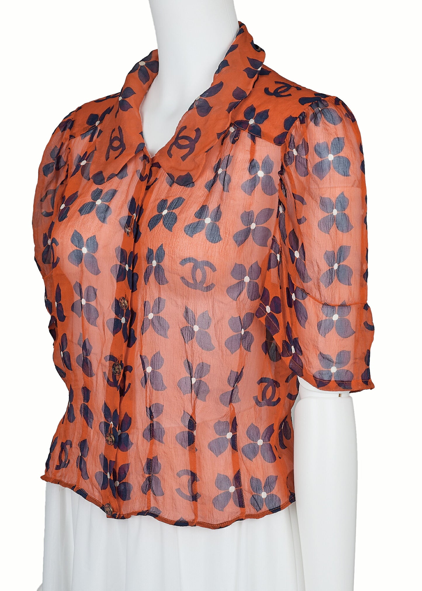 CHANEL Shirt Blouse, Coco Mark Floral, Silk, Orange, Gold-Tone Hardware, Pre-Owned - Vintage La Charme