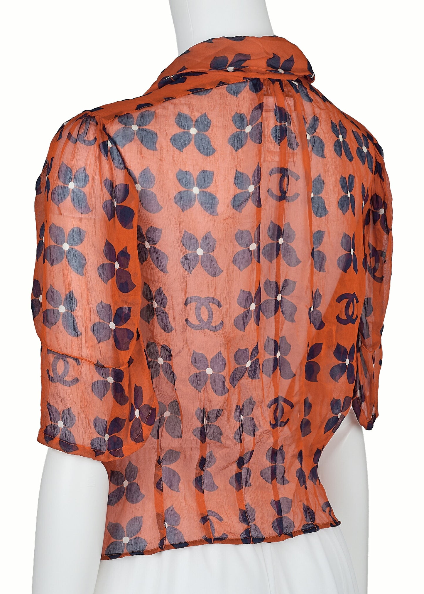 CHANEL Shirt Blouse, Coco Mark Floral, Silk, Orange, Gold-Tone Hardware, Pre-Owned - Vintage La Charme