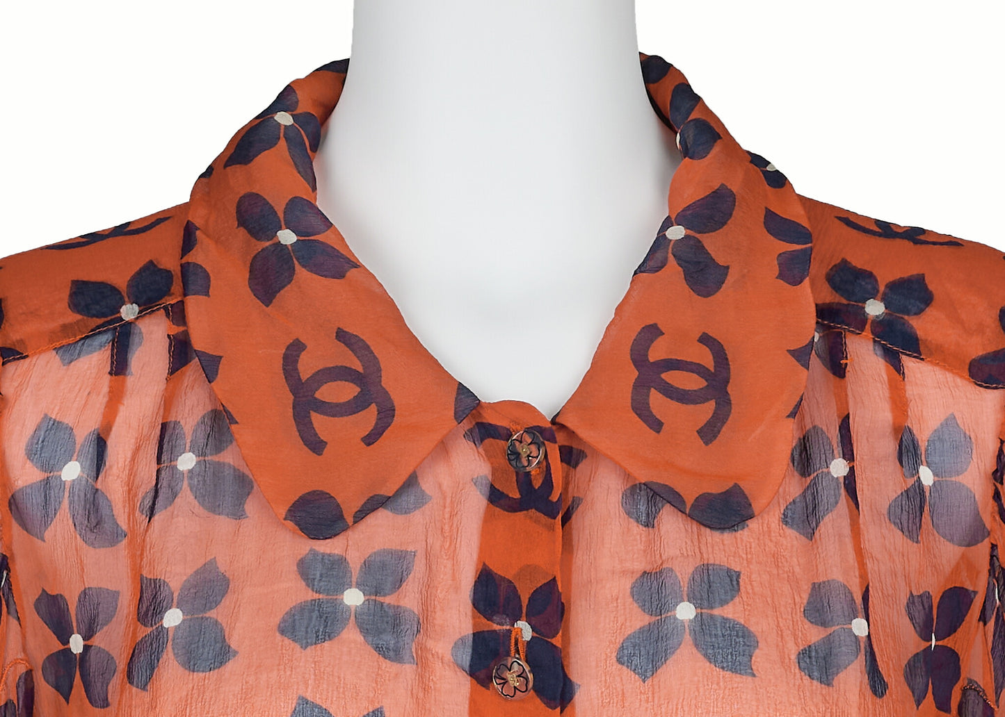 CHANEL Shirt Blouse, Coco Mark Floral, Silk, Orange, Gold-Tone Hardware, Pre-Owned - Vintage La Charme
