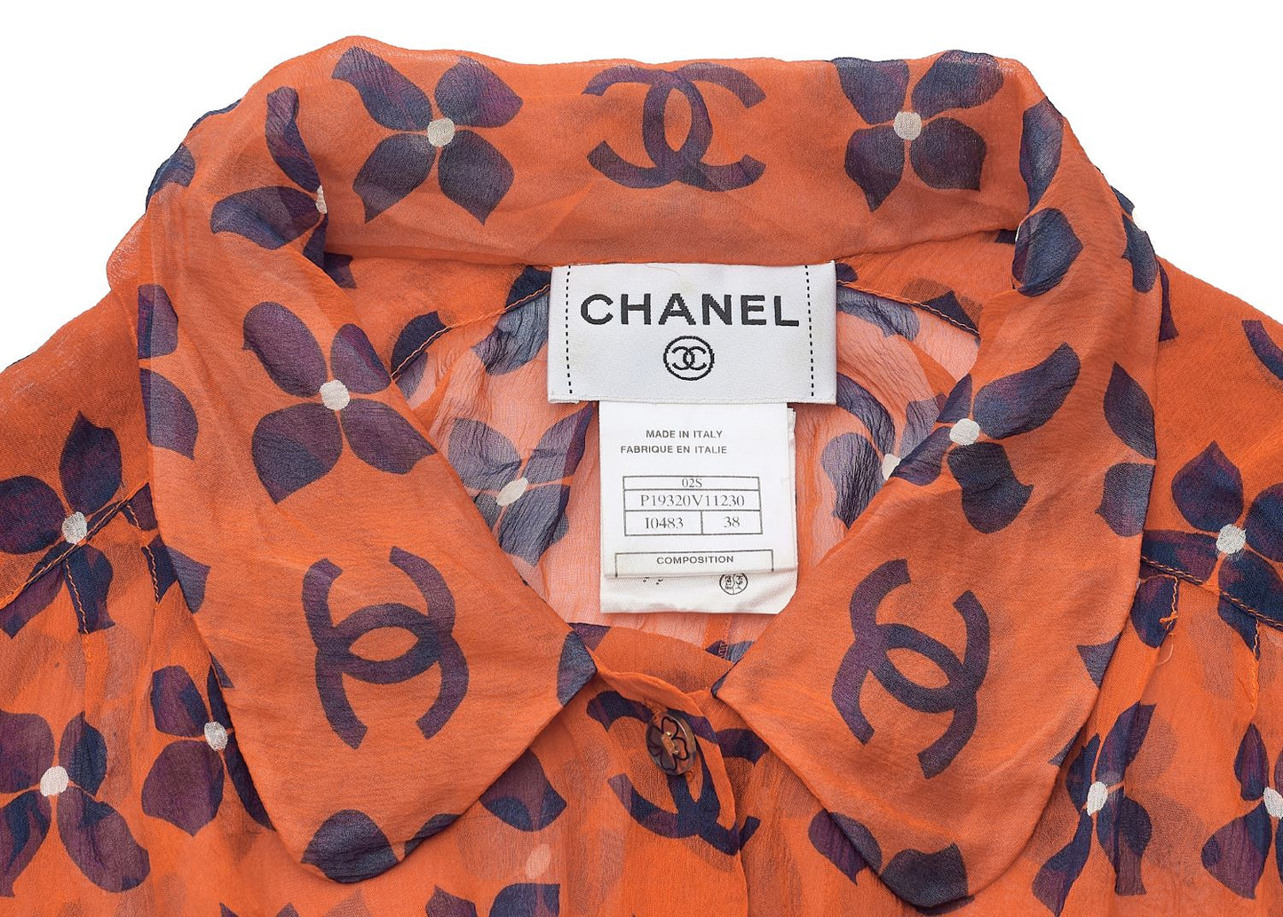 CHANEL Shirt Blouse, Coco Mark Floral, Silk, Orange, Gold-Tone Hardware, Pre-Owned - Vintage La Charme