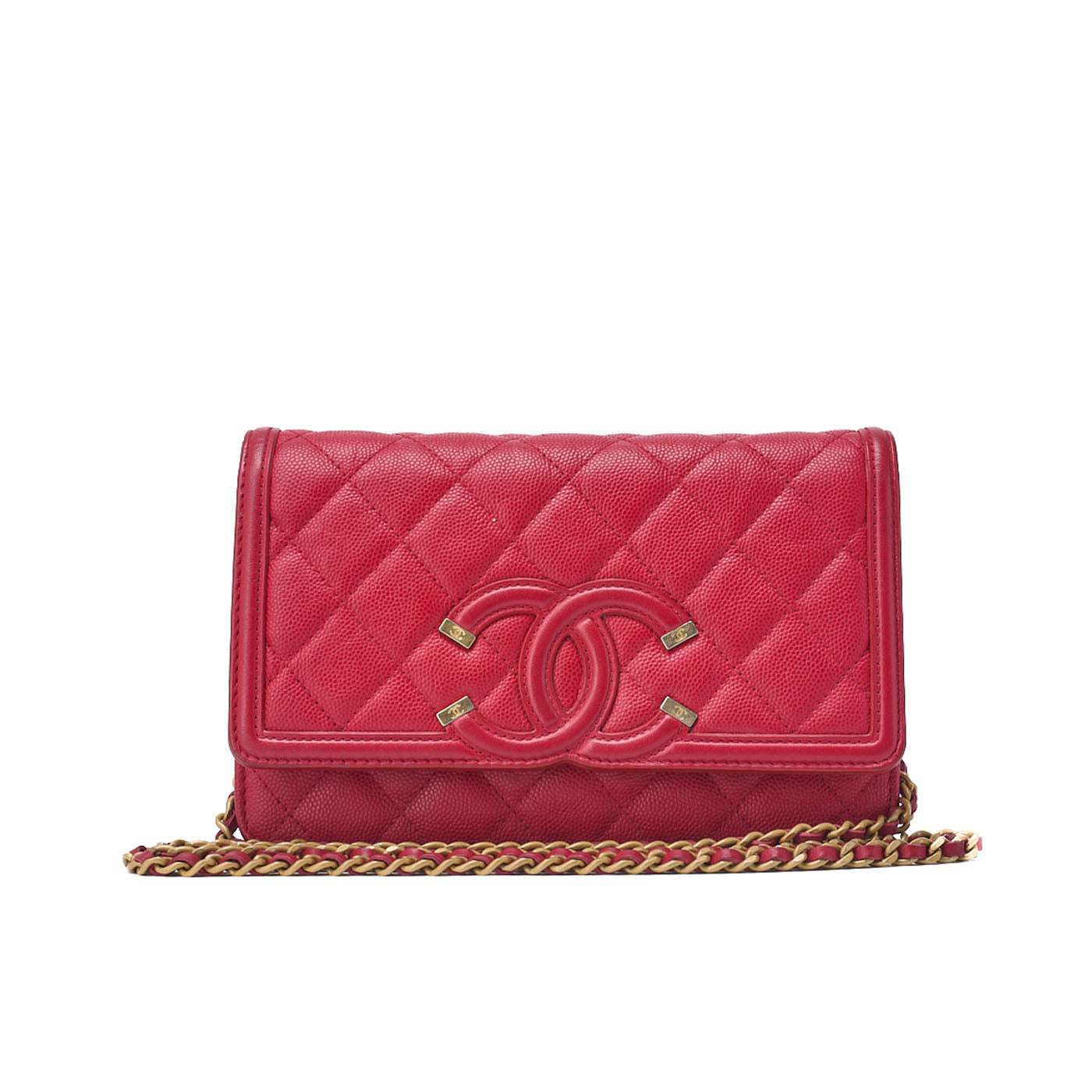 CHANEL Shoulder Bag Chain Wallet Matelasse Caviar Skin Red Gold-Tone Hardware Pre-Owned