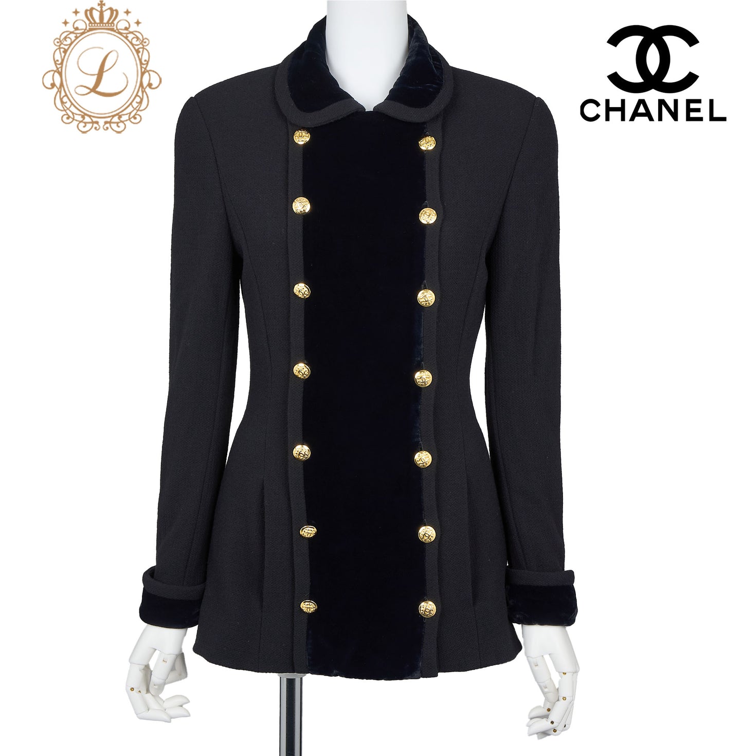CHANEL Outerwear Coat, Coco Button, Tweed Velvet, Black, Gold-Tone Hardware, Pre-Owned - Vintage La Charme