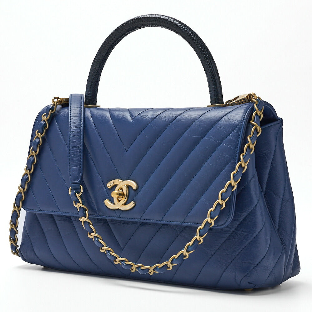 CHANEL 2WAY Handbag V Stitch Coco Handle Calf Blue Gold-Tone Hardware Pre-Owned - Vintage La Charme