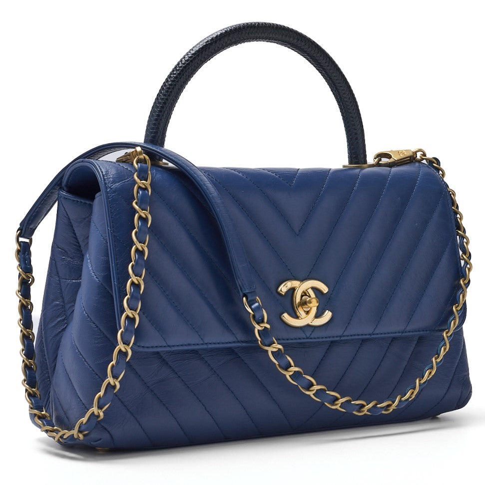 CHANEL 2WAY Handbag V Stitch Coco Handle Calf Blue Gold-Tone Hardware Pre-Owned - Vintage La Charme