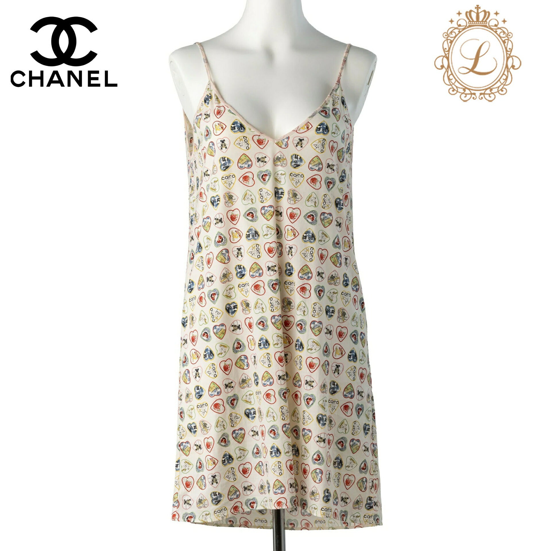 CHANEL Camisole Dress, Valentine Heart Design, Cotton Spandex Blend, White, Gold-Tone Hardware, Pre-Owned - Vintage La Charme