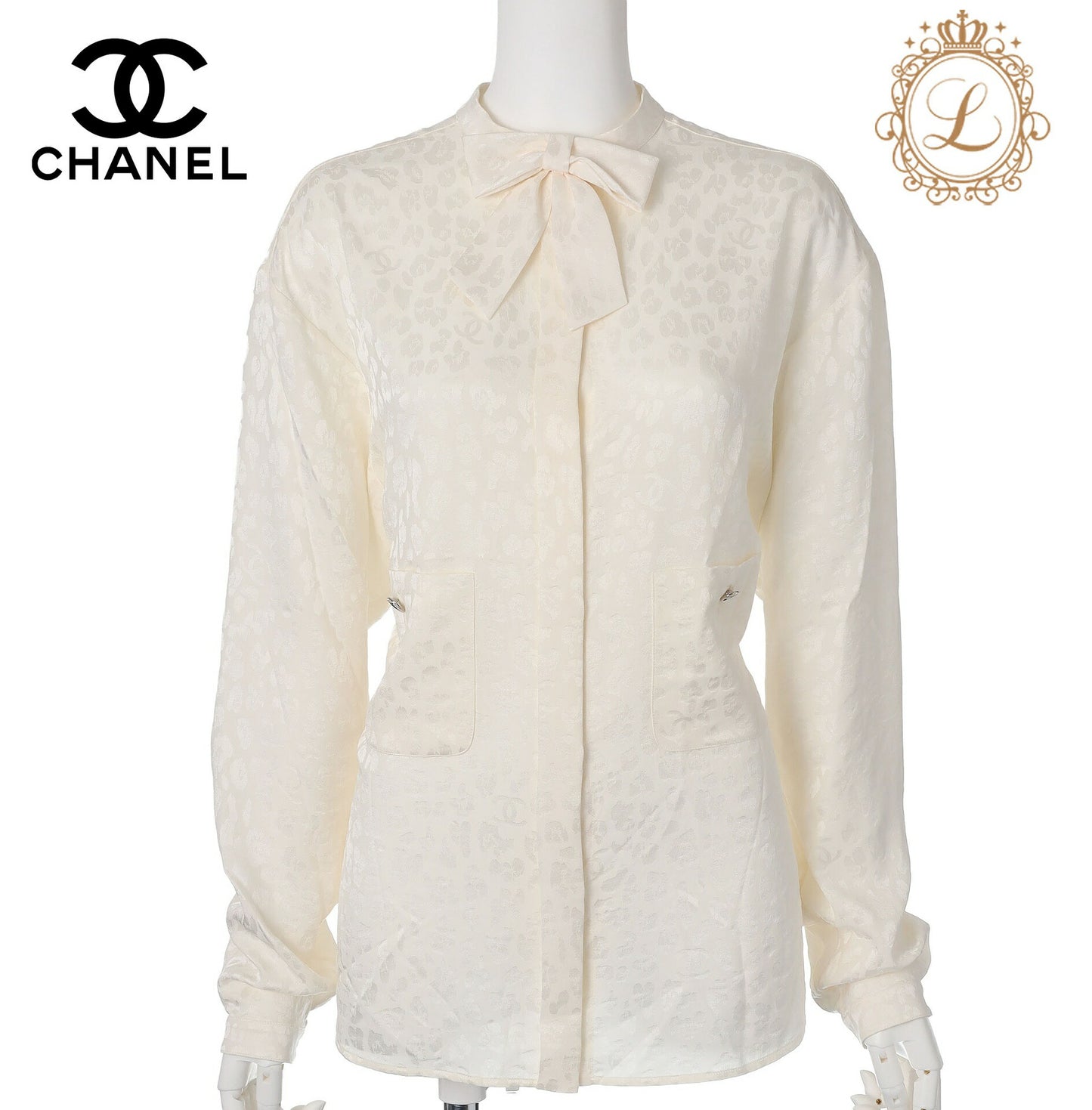 CHANEL Blouse, Long Sleeve, Leopard Ribbon, Silk, Ivory, Gold-Tone Hardware, Pre-Owned - Vintage La Charme