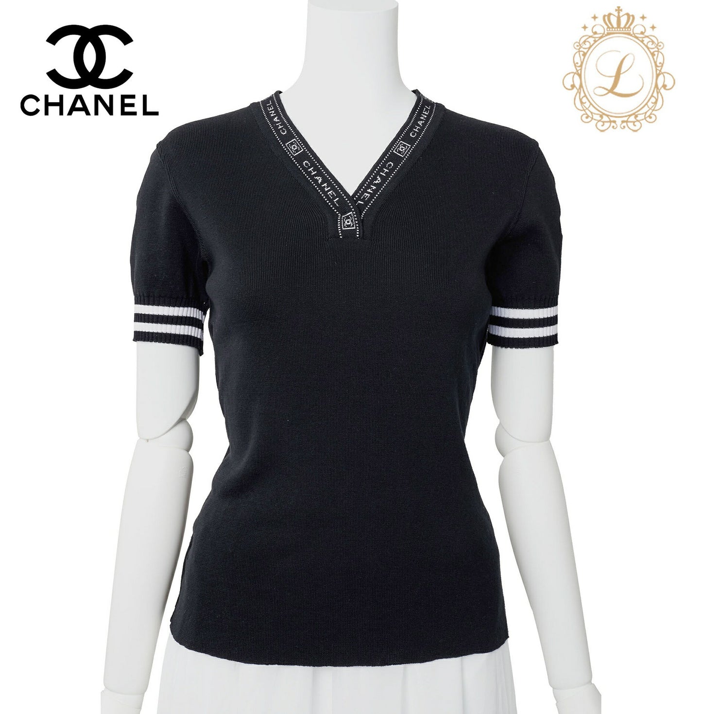 CHANEL T-Shirt, Short Sleeve, Cut-and-Sew, Cotton, Black, Silver-Tone Hardware, Pre-Owned - Vintage La Charme