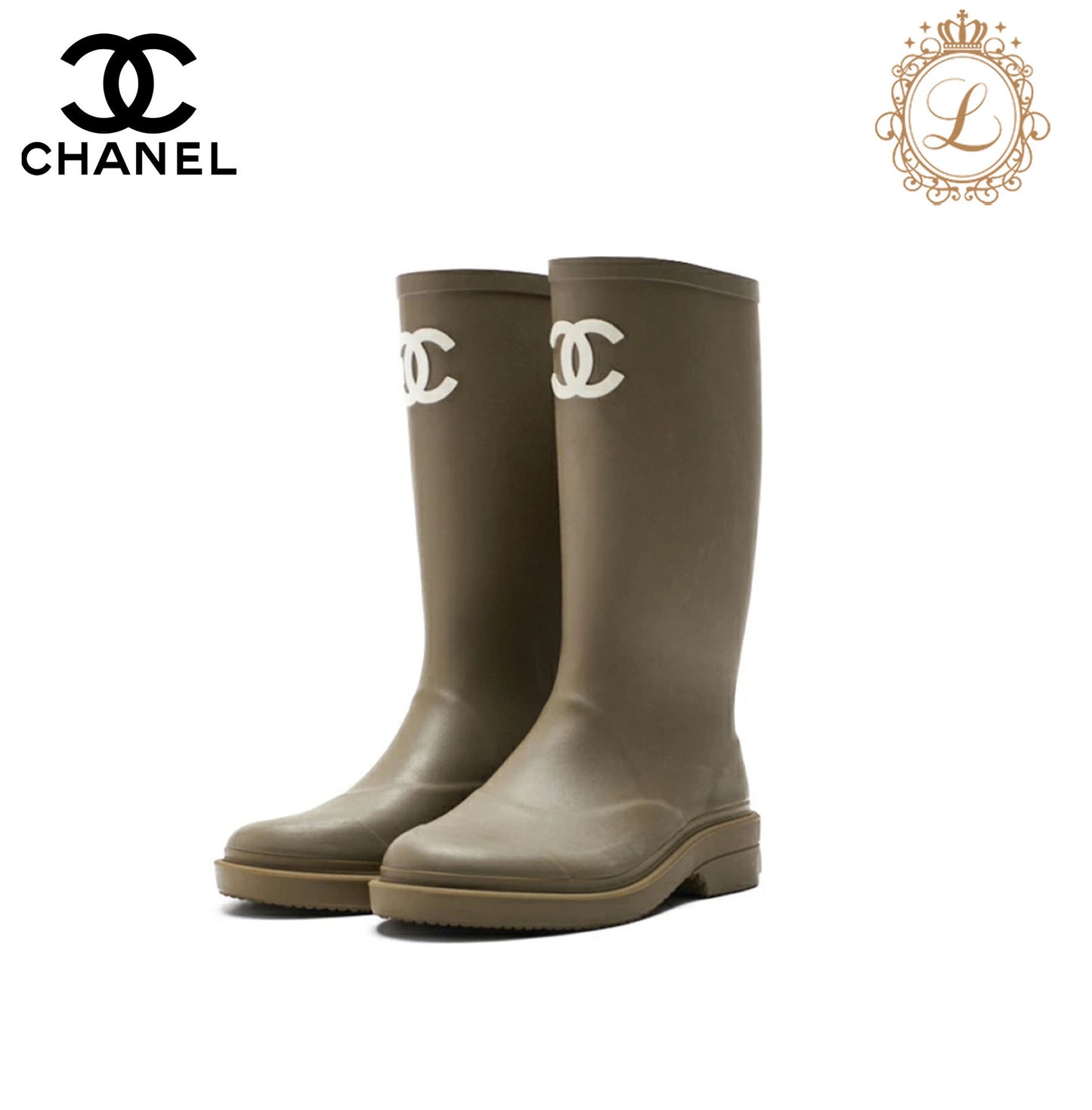 CHANEL Rain Boots, Coco Mark, Rubber, Khaki, Gold-Tone Hardware, Pre-Owned - Vintage La Charme