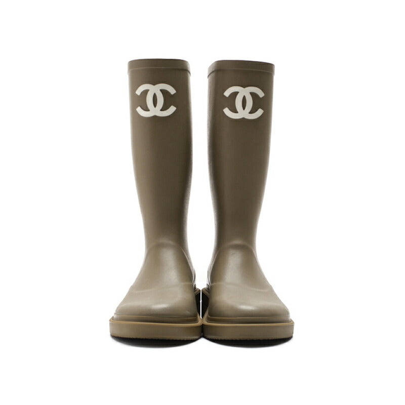 CHANEL Rain Boots, Coco Mark, Rubber, Khaki, Gold-Tone Hardware, Pre-Owned - Vintage La Charme