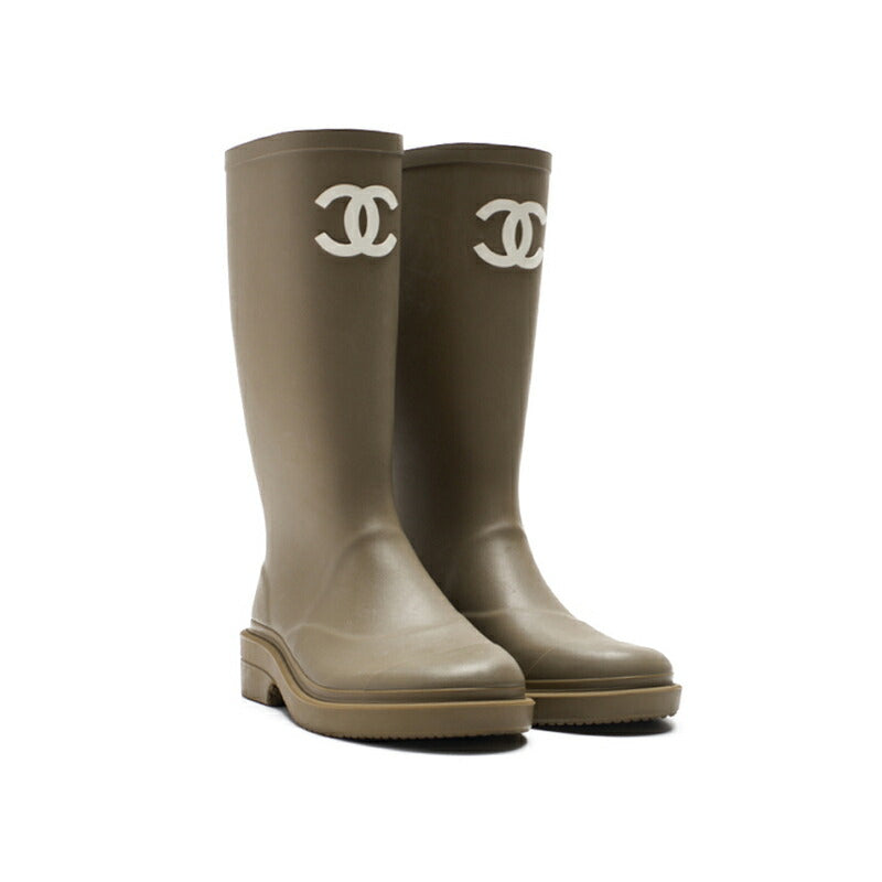 CHANEL Rain Boots, Coco Mark, Rubber, Khaki, Gold-Tone Hardware, Pre-Owned - Vintage La Charme