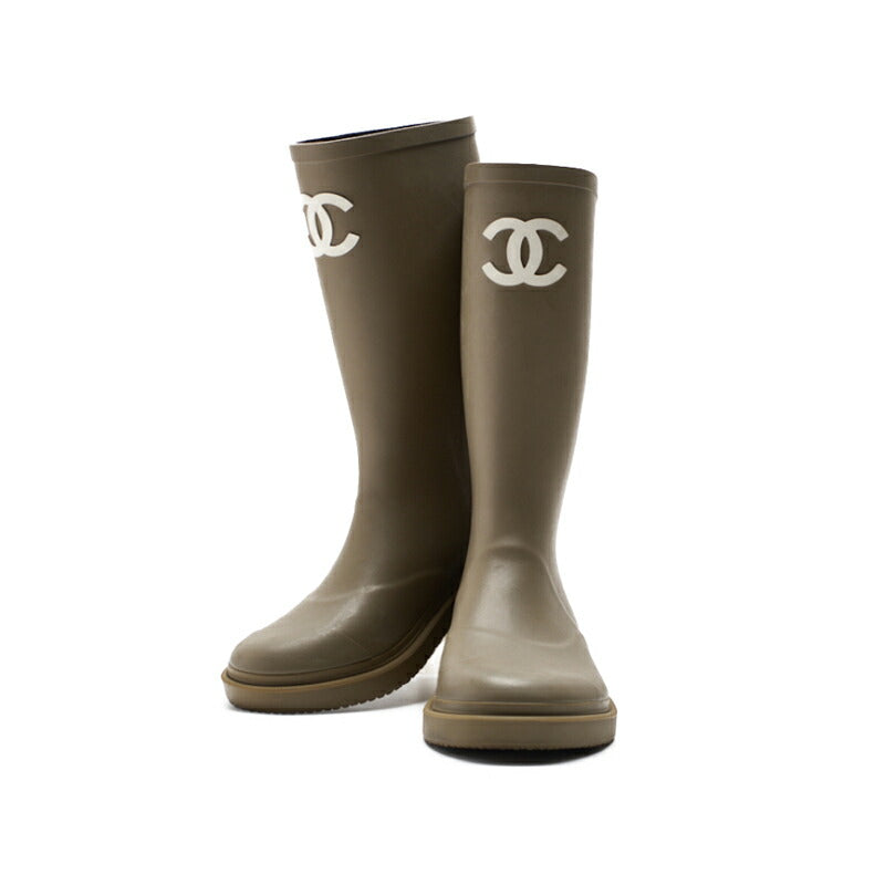 CHANEL Rain Boots, Coco Mark, Rubber, Khaki, Gold-Tone Hardware, Pre-Owned - Vintage La Charme