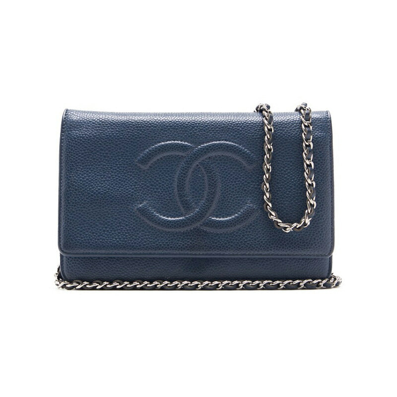 CHANEL Chain Wallet, Coco Mark, Folding, Caviar Skin, Navy, Gold-Tone Hardware, Pre-Owned - Vintage La Charme