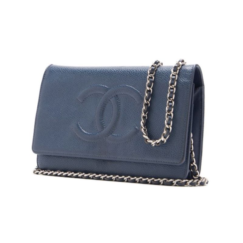 CHANEL Chain Wallet, Coco Mark, Folding, Caviar Skin, Navy, Gold-Tone Hardware, Pre-Owned - Vintage La Charme