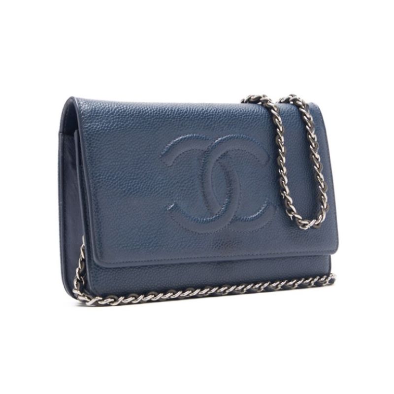 CHANEL Chain Wallet, Coco Mark, Folding, Caviar Skin, Navy, Gold-Tone Hardware, Pre-Owned - Vintage La Charme