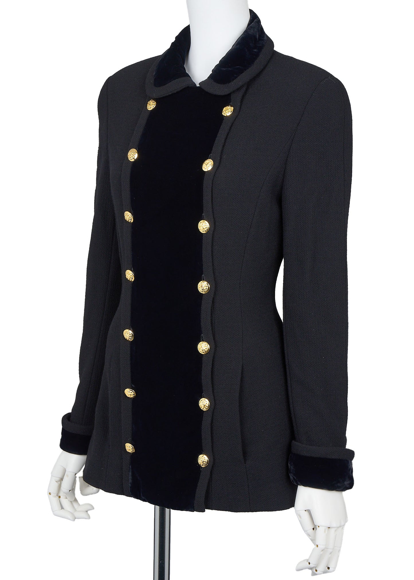 CHANEL Outerwear Coat, Coco Button, Tweed Velvet, Black, Gold-Tone Hardware, Pre-Owned - Vintage La Charme