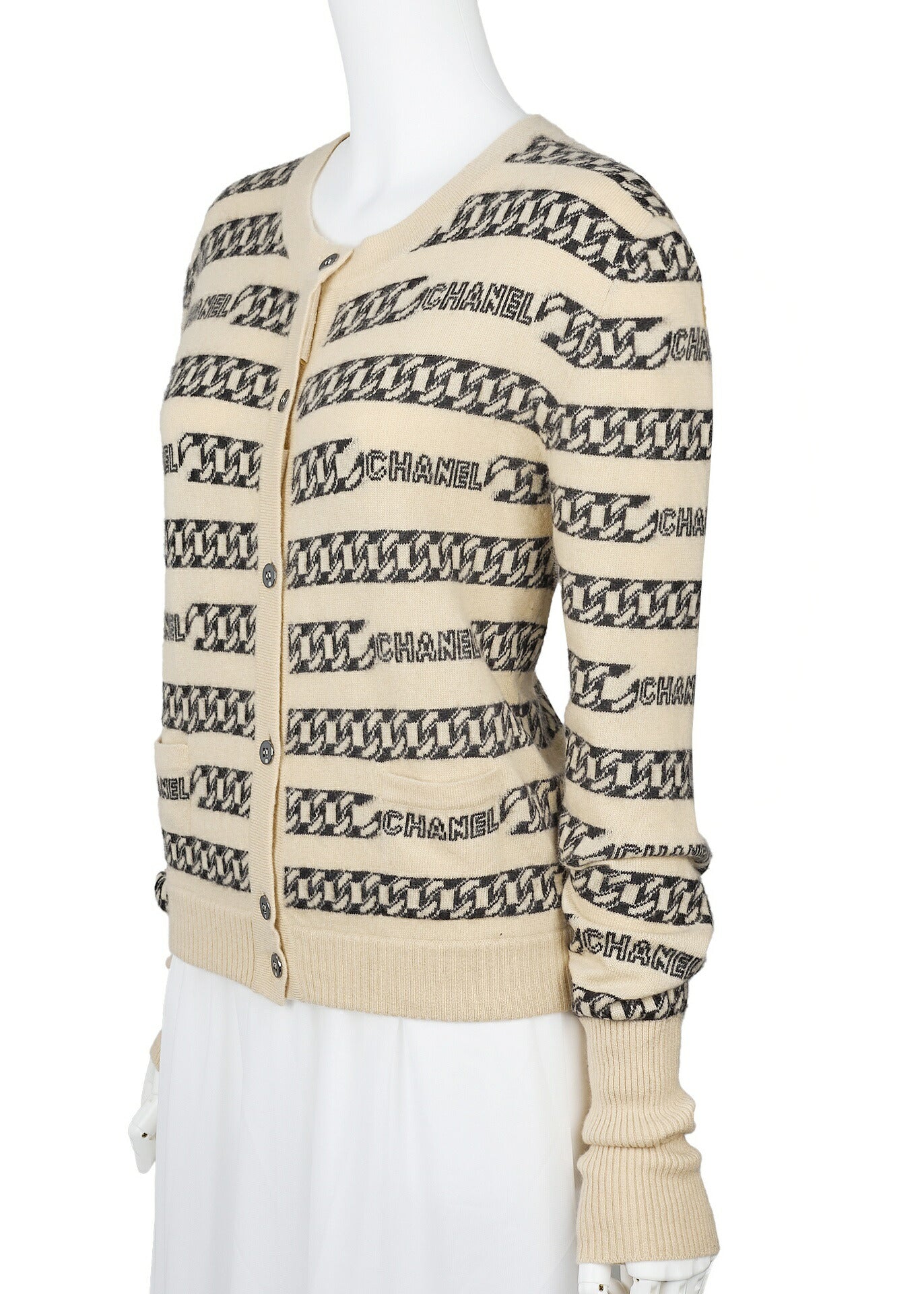 CHANEL Cardigan Knit Jacket, Coco Button, Cashmere, Beige, Gold-Tone Hardware, Pre-Owned - Vintage La Charme