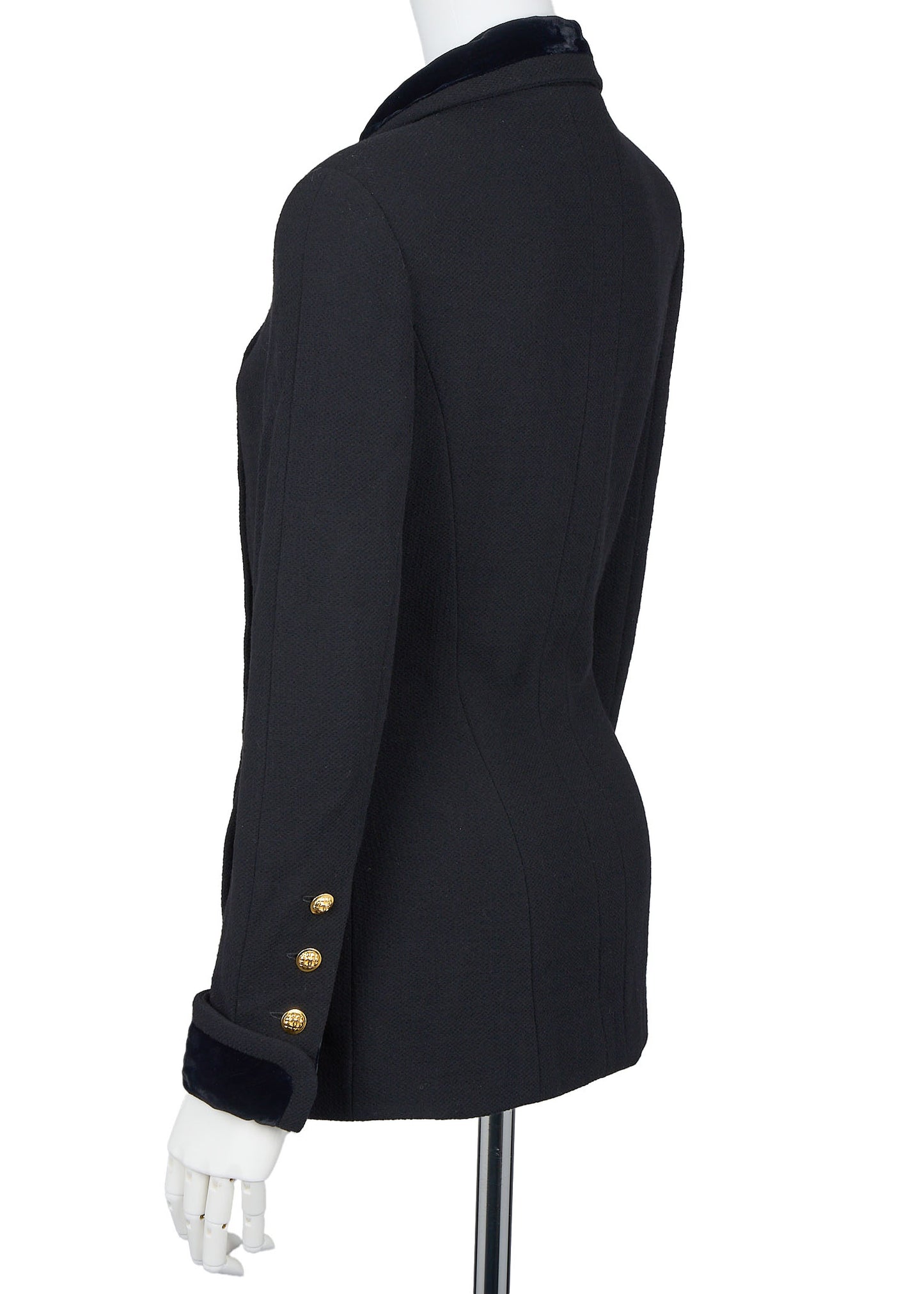 CHANEL Outerwear Coat, Coco Button, Tweed Velvet, Black, Gold-Tone Hardware, Pre-Owned - Vintage La Charme