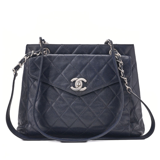 CHANEL Shoulder Bag, Matelasse, Caviar Skin, Navy, Silver-Tone Hardware, Pre-Owned