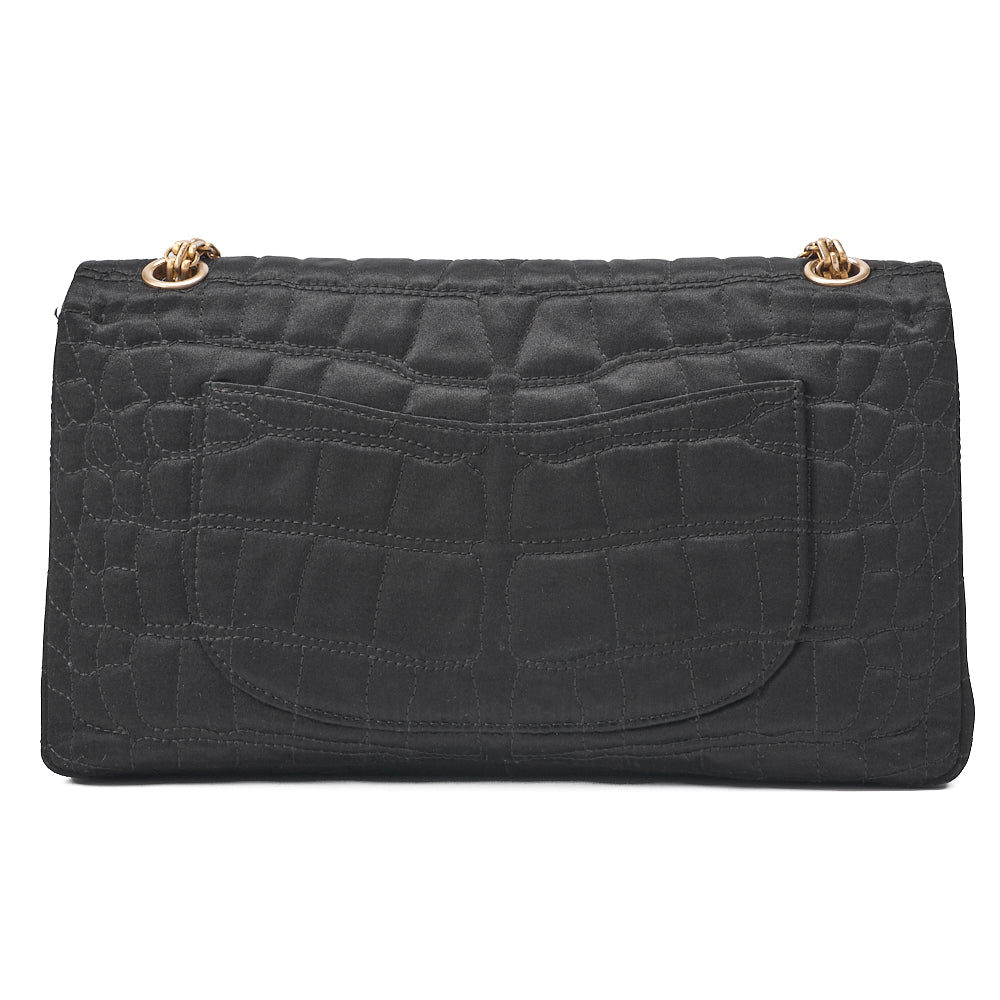 CHANEL Shoulder Bag Single Flap 2.55 Lock Satin Large Size Black Gold-Tone Hardware, Pre-Owned