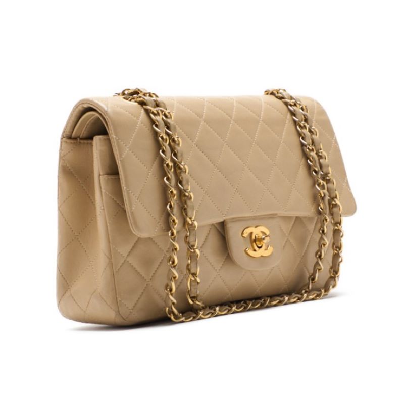 CHANEL Shoulder Bag Matelasse Double Flap Chain Shoulder Lambskin Beige Gold-Tone Hardware Pre-Owned - Vintage La Charme