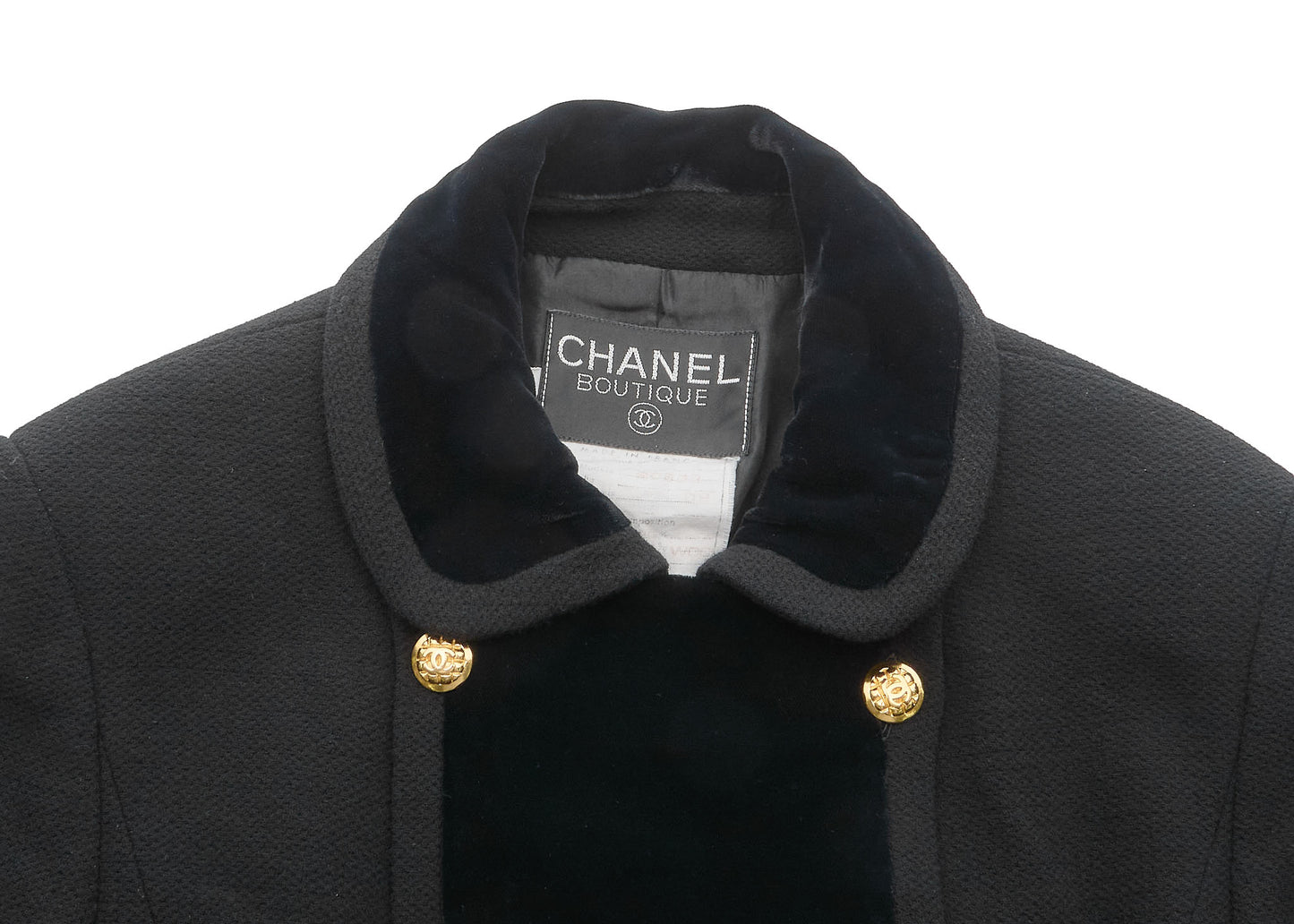 CHANEL Outerwear Coat, Coco Button, Tweed Velvet, Black, Gold-Tone Hardware, Pre-Owned - Vintage La Charme