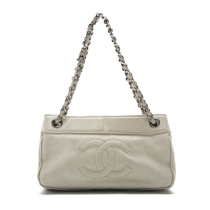 CHANEL Shoulder Bag, Coco Mark, Chain Shoulder, Caviar Skin, White, Silver-Tone Hardware, Pre-Owned - Vintage La Charme