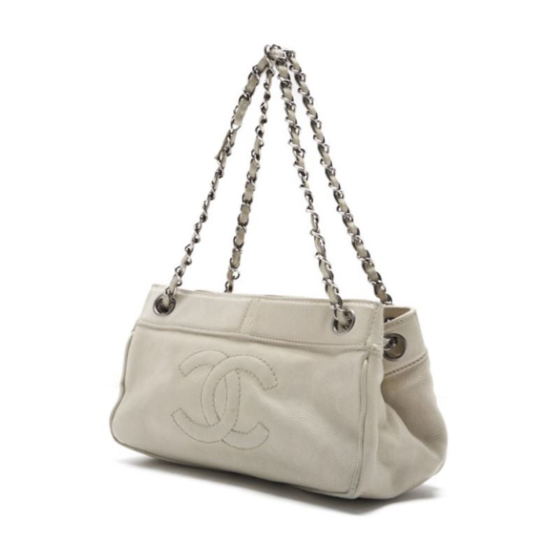 CHANEL Shoulder Bag, Coco Mark, Chain Shoulder, Caviar Skin, White, Silver-Tone Hardware, Pre-Owned - Vintage La Charme