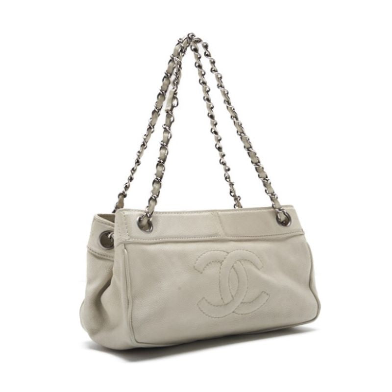 CHANEL Shoulder Bag, Coco Mark, Chain Shoulder, Caviar Skin, White, Silver-Tone Hardware, Pre-Owned - Vintage La Charme
