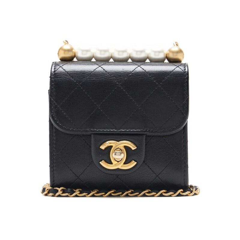 CHANEL Mini Shoulder Bag Matelasse Pearl Chain Lambskin Black Gold-Tone Hardware Pre-Owned - Vintage La Charme
