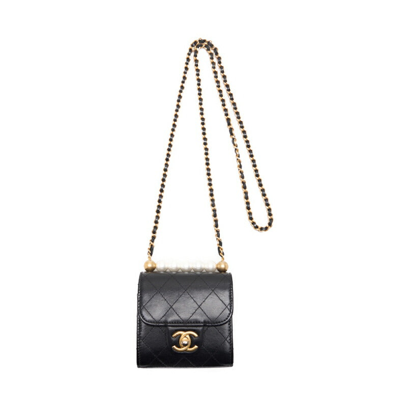 CHANEL Mini Shoulder Bag Matelasse Pearl Chain Lambskin Black Gold-Tone Hardware Pre-Owned - Vintage La Charme