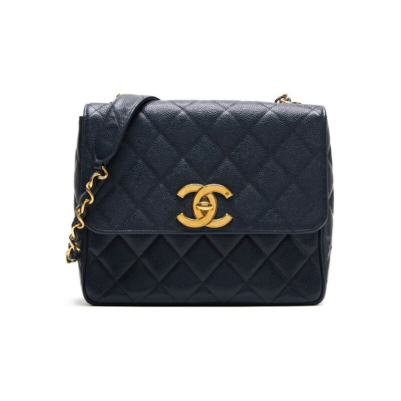 CHANEL Shoulder Bag Matelasse Deca Coco Square Type Chain Shoulder Caviar Skin Navy Gold-Tone Hardware Pre-Owned - Vintage La Charme