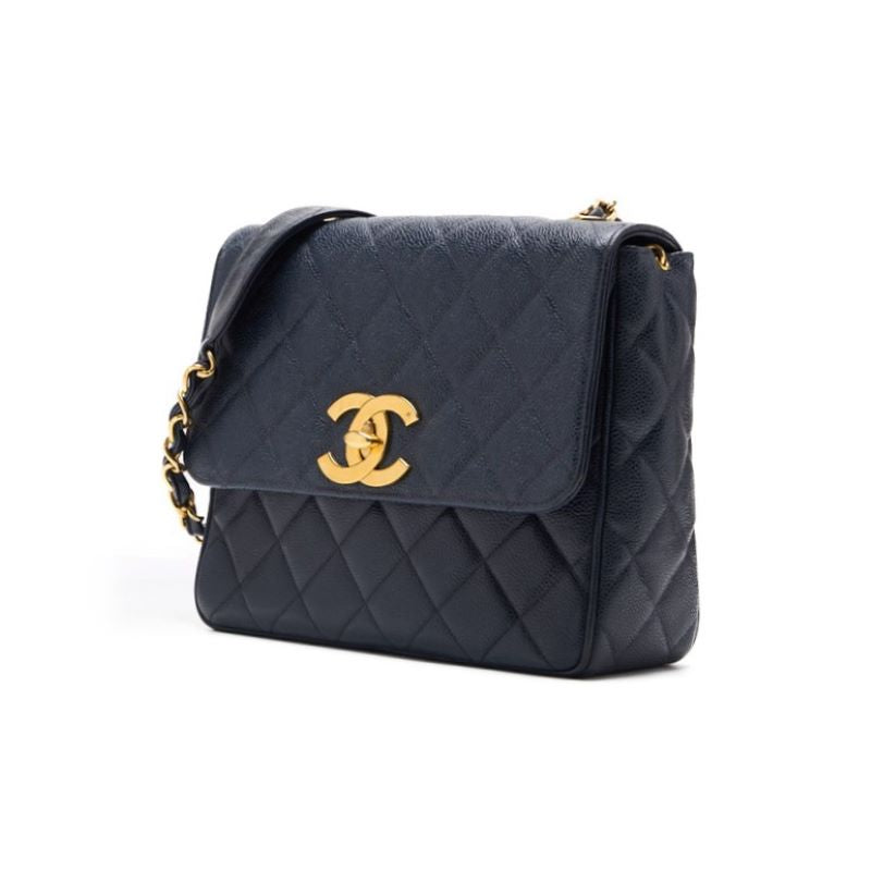 CHANEL Shoulder Bag Matelasse Deca Coco Square Type Chain Shoulder Caviar Skin Navy Gold-Tone Hardware Pre-Owned - Vintage La Charme