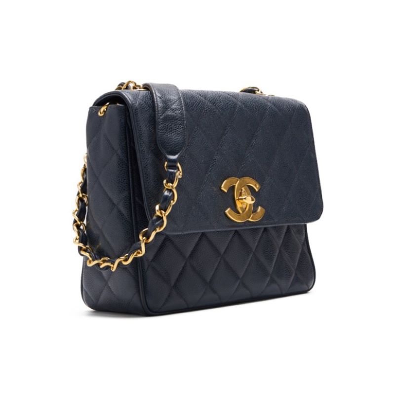 CHANEL Shoulder Bag Matelasse Deca Coco Square Type Chain Shoulder Caviar Skin Navy Gold-Tone Hardware Pre-Owned - Vintage La Charme