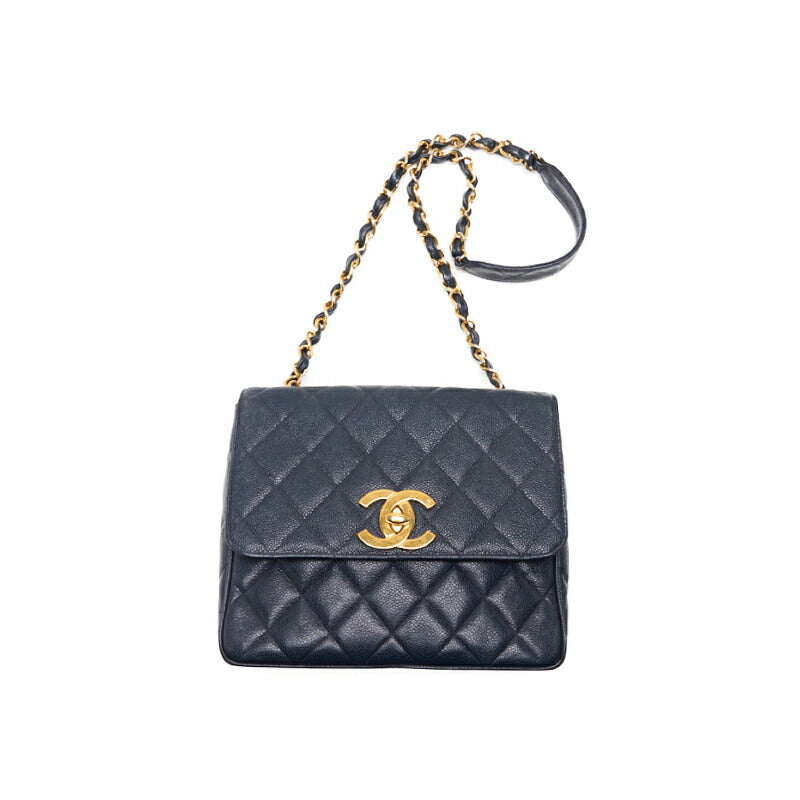 CHANEL Shoulder Bag Matelasse Deca Coco Square Type Chain Shoulder Caviar Skin Navy Gold-Tone Hardware Pre-Owned - Vintage La Charme