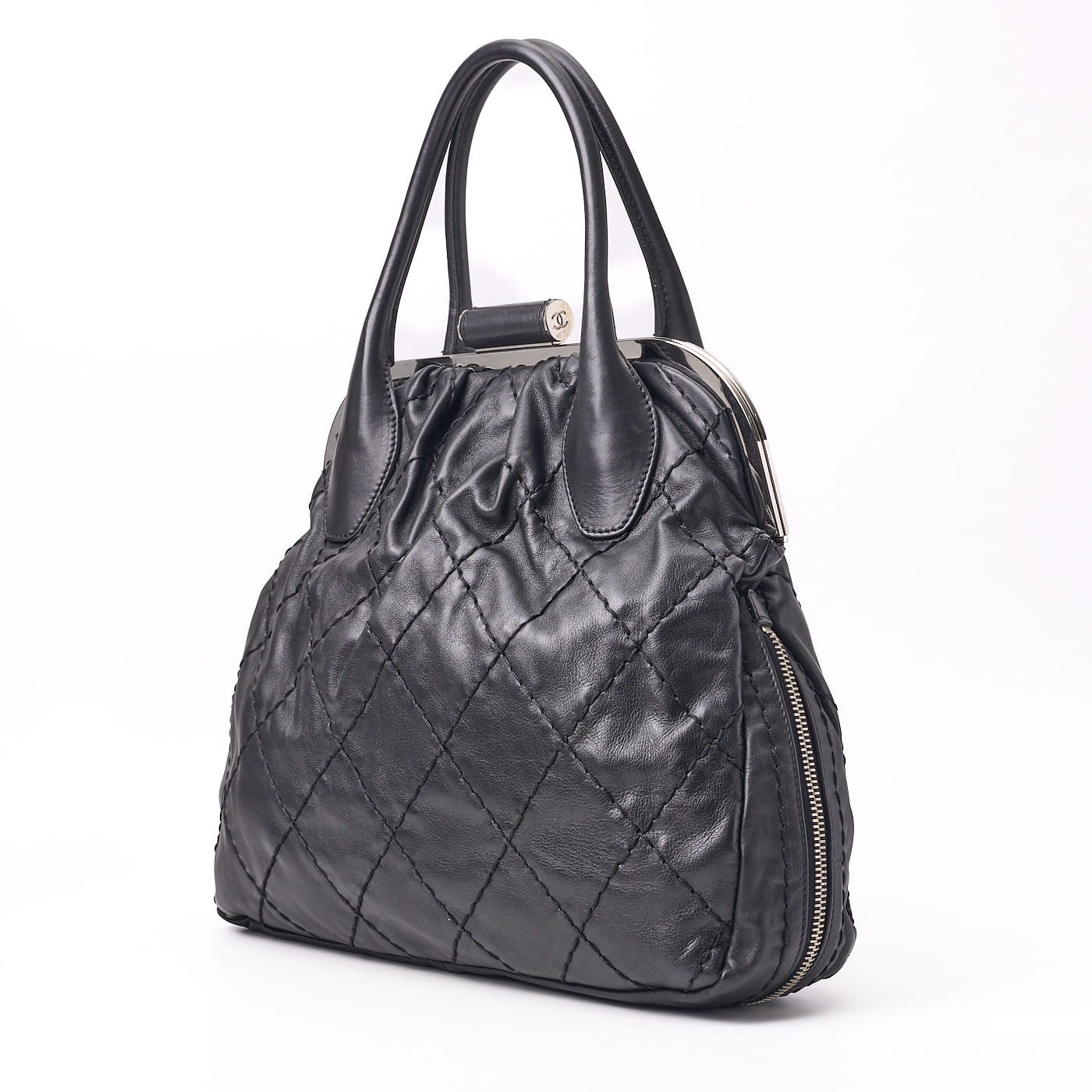 CHANEL Tote Bag Gamaguchi Wild Stitch Calf Leather Black Silver-Tone Hardware Pre-Owned - Vintage La Charme
