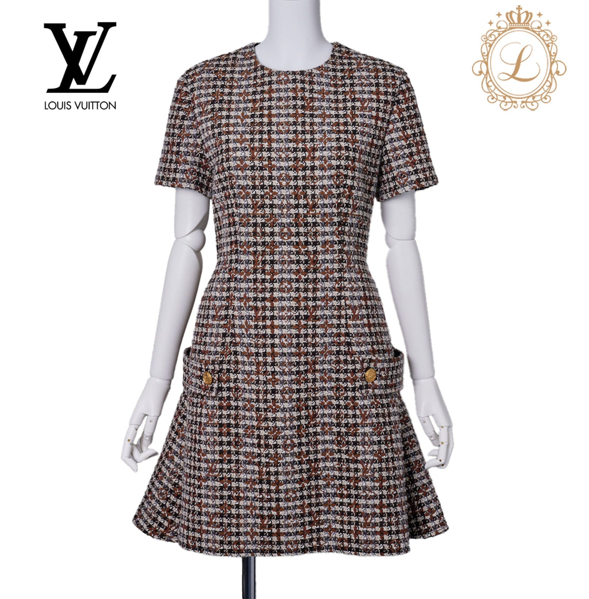 Louis Vuitton Skater Dress, Monogram Tweed, Wool Blend, Brown, Gold-Tone Hardware, Pre-Owned - Vintage La Charme