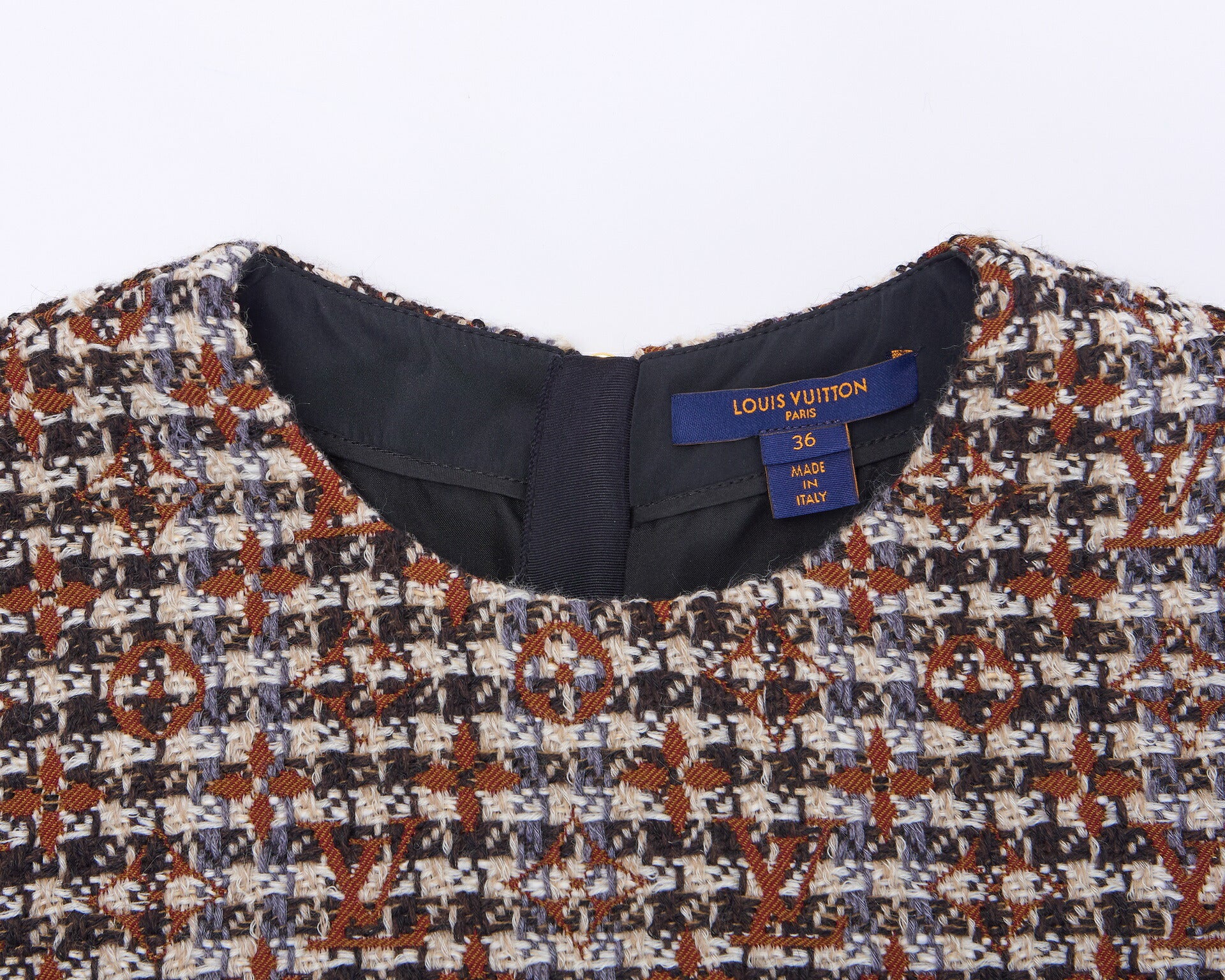 Louis Vuitton Skater Dress, Monogram Tweed, Wool Blend, Brown, Gold-Tone Hardware, Pre-Owned - Vintage La Charme