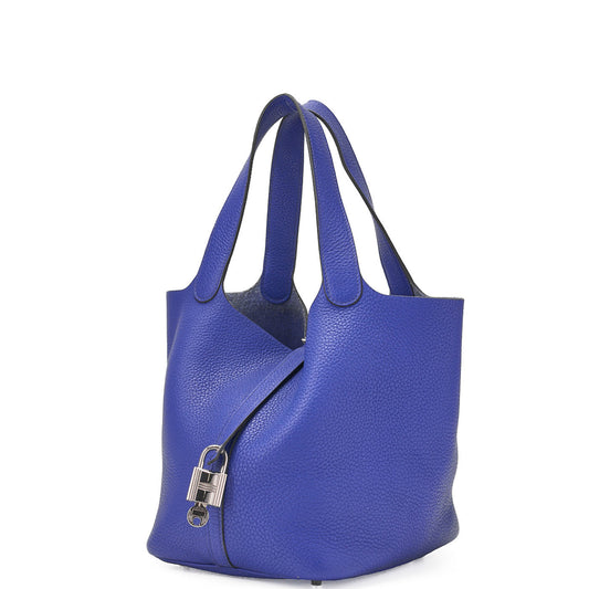 HERMES Picotin Lock MM Handbag, Tryon Clemence, Blue Electric, Silver-Tone Hardware, Pre-Owned