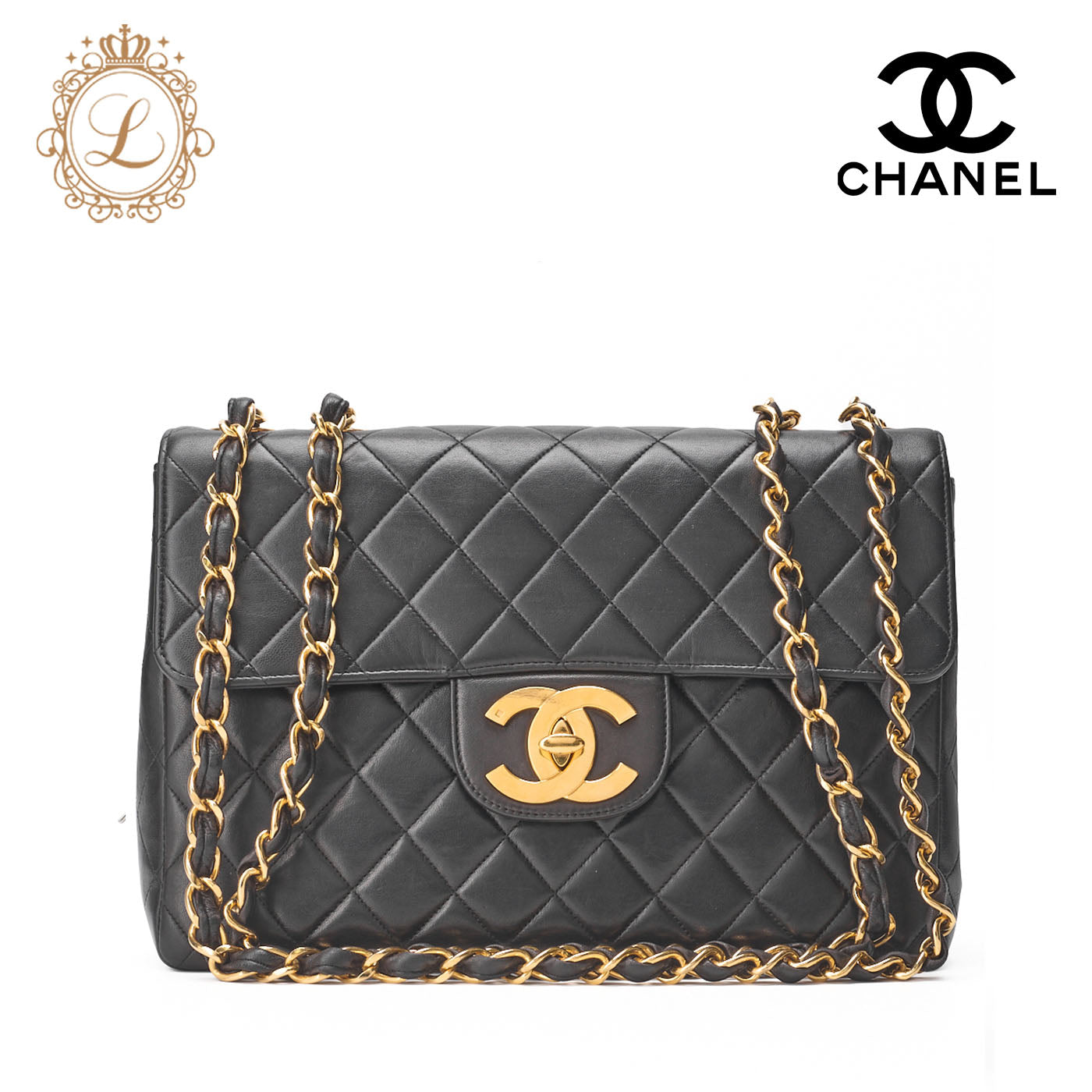 CHANEL Shoulder Bag, Deca Matelasse 30 Turn Lock Chain Shoulder, Lambskin, Black, Gold-Tone Hardware, Pre-Owned - Vintage La Charme
