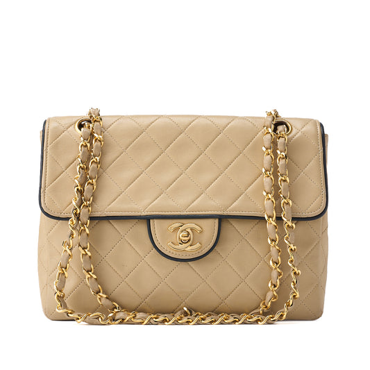 CHANEL Shoulder Bag, Matelasse Turn Lock, Lambskin, Beige, Gold-Tone Hardware, Pre-Owned
