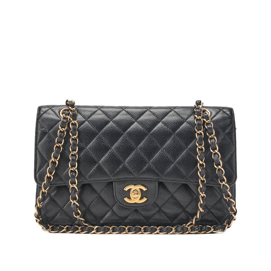 CHANEL Shoulder Bag, Matelasse Turn Lock Double Flap, Caviar Skin, Black, Gold-Tone Hardware, Pre-Owned