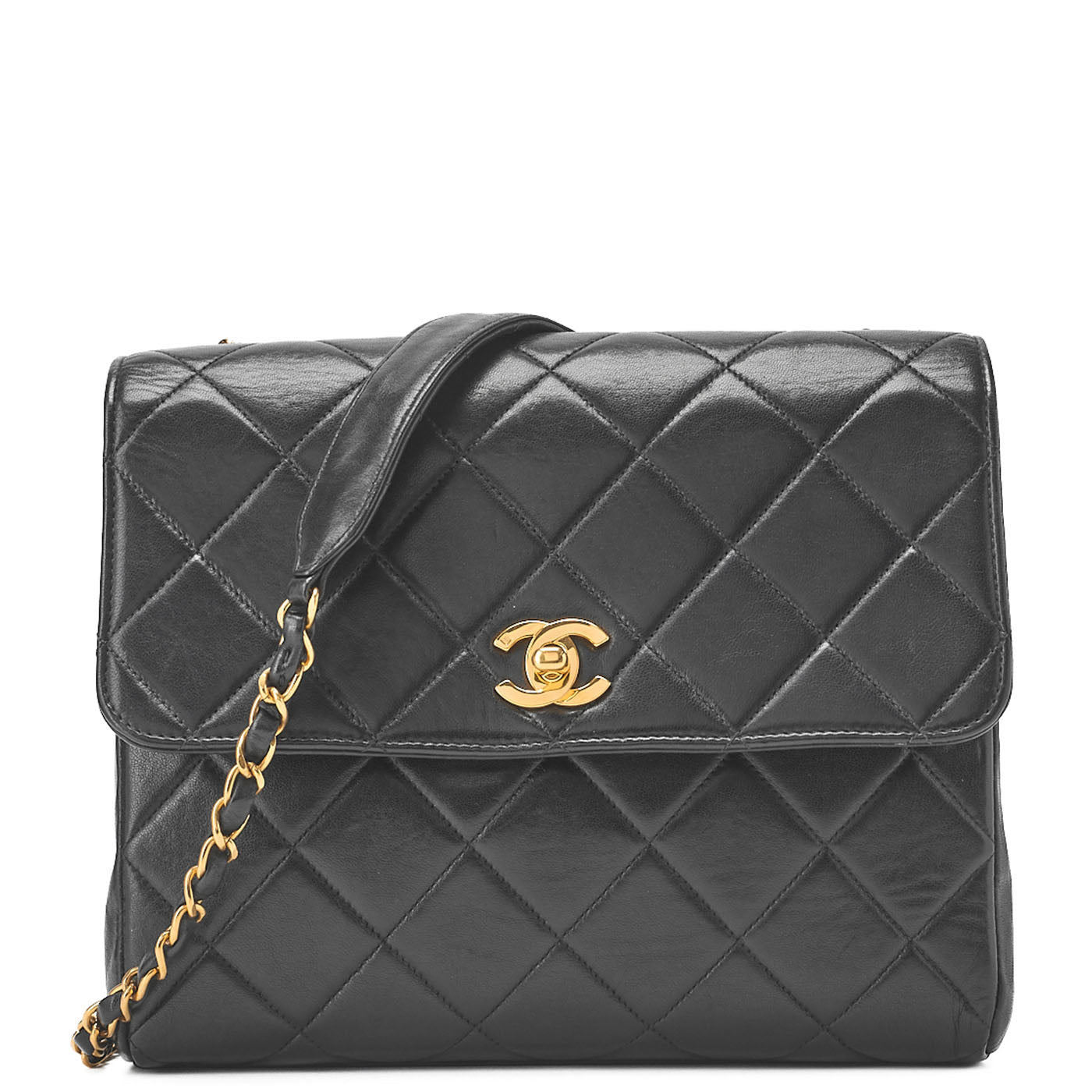 CHANEL Chain Shoulder Bag Matelassé Turnlock Square Lambskin Black Gold-Tone Hardware, Pre-Owned