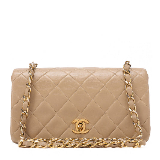 CHANEL Chain Shoulder Bag Mini Matelassé 18cm Lambskin Beige Full Flap Turnlock Gold-Tone Hardware, Pre-Owned