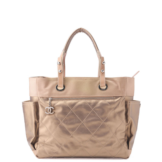 CHANEL Handbag Boston Bag Paris Biarritz Coated Canvas Coco Charm Black Silver-Tone Hardware, Pre-Owned