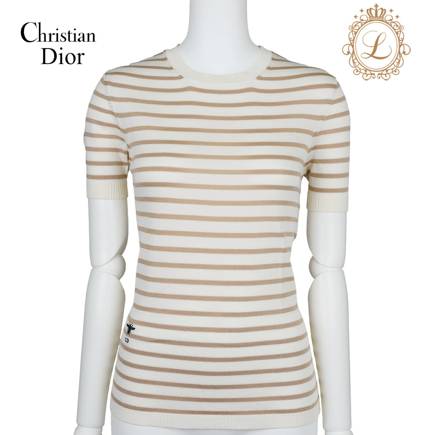 Dior T-Shirt Cut-and-Sew Short Sleeve Top, Silk, Ivory, Gold-Tone Hardware, Pre-Owned - Vintage La Charme