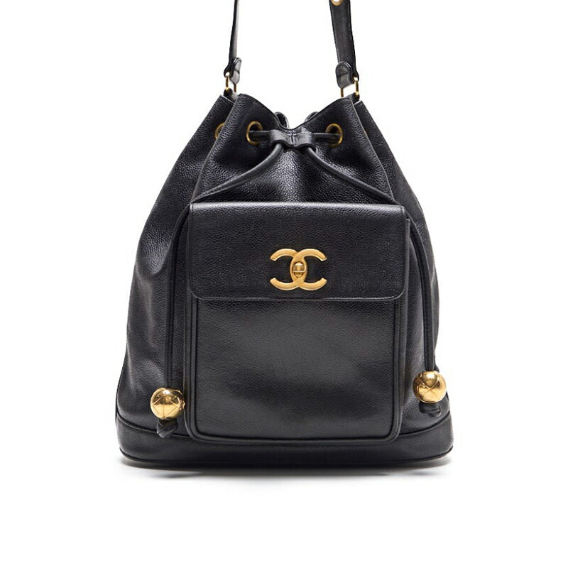 CHANEL Chain Backpack Bag, Outside Flap with Ball Charm, Drawstring, Caviar Skin, Black, Gold-Tone Hardware, Pre-Owned - Vintage La Charme