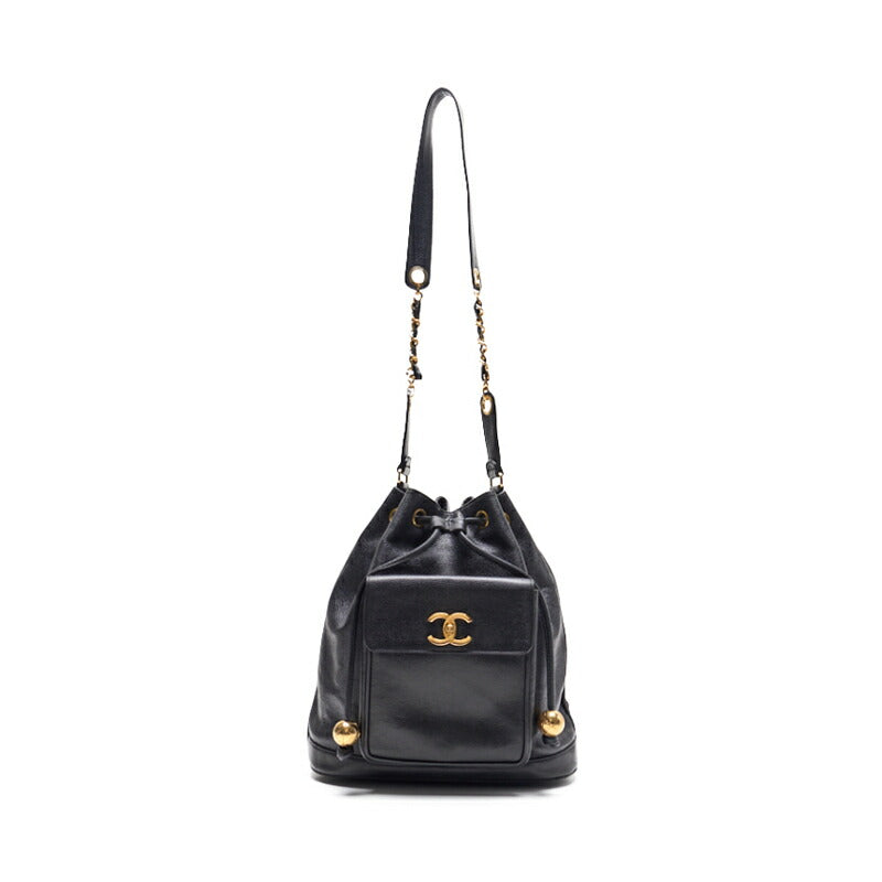 CHANEL Chain Backpack Bag, Outside Flap with Ball Charm, Drawstring, Caviar Skin, Black, Gold-Tone Hardware, Pre-Owned - Vintage La Charme