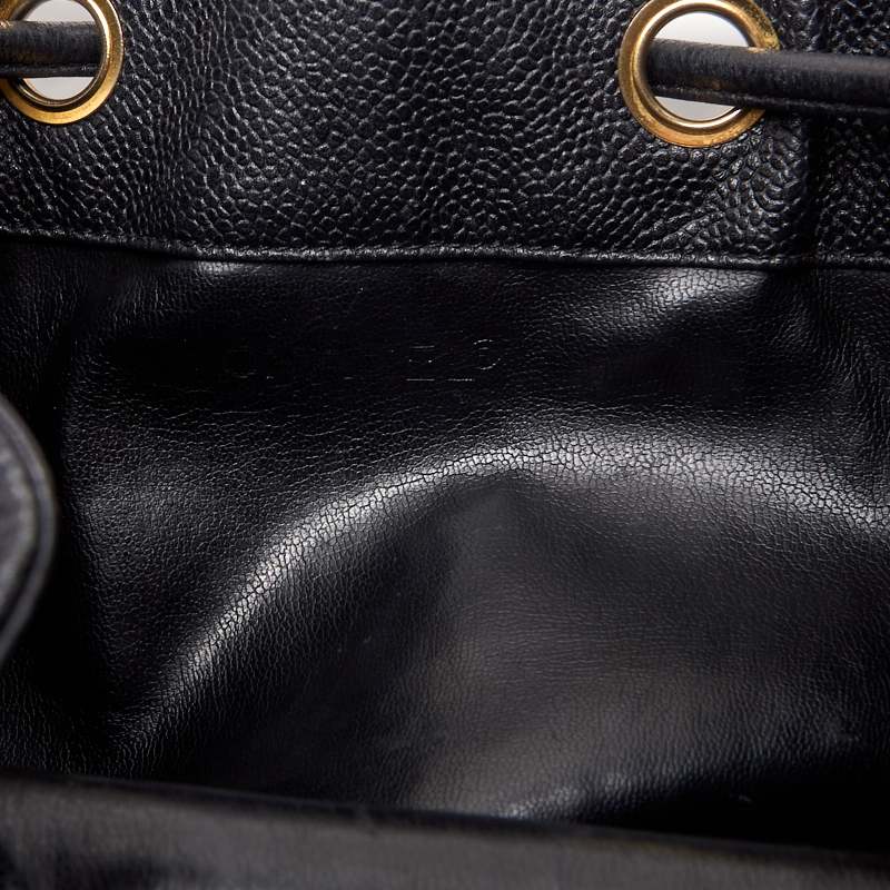 CHANEL Chain Backpack Bag, Outside Flap with Ball Charm, Drawstring, Caviar Skin, Black, Gold-Tone Hardware, Pre-Owned - Vintage La Charme