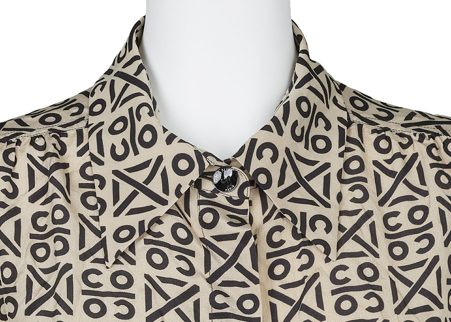 CHANEL Blouse Shirt, Coco Mark Logo Button, Silk, Beige, Gold-Tone Hardware, Pre-Owned - Vintage La Charme