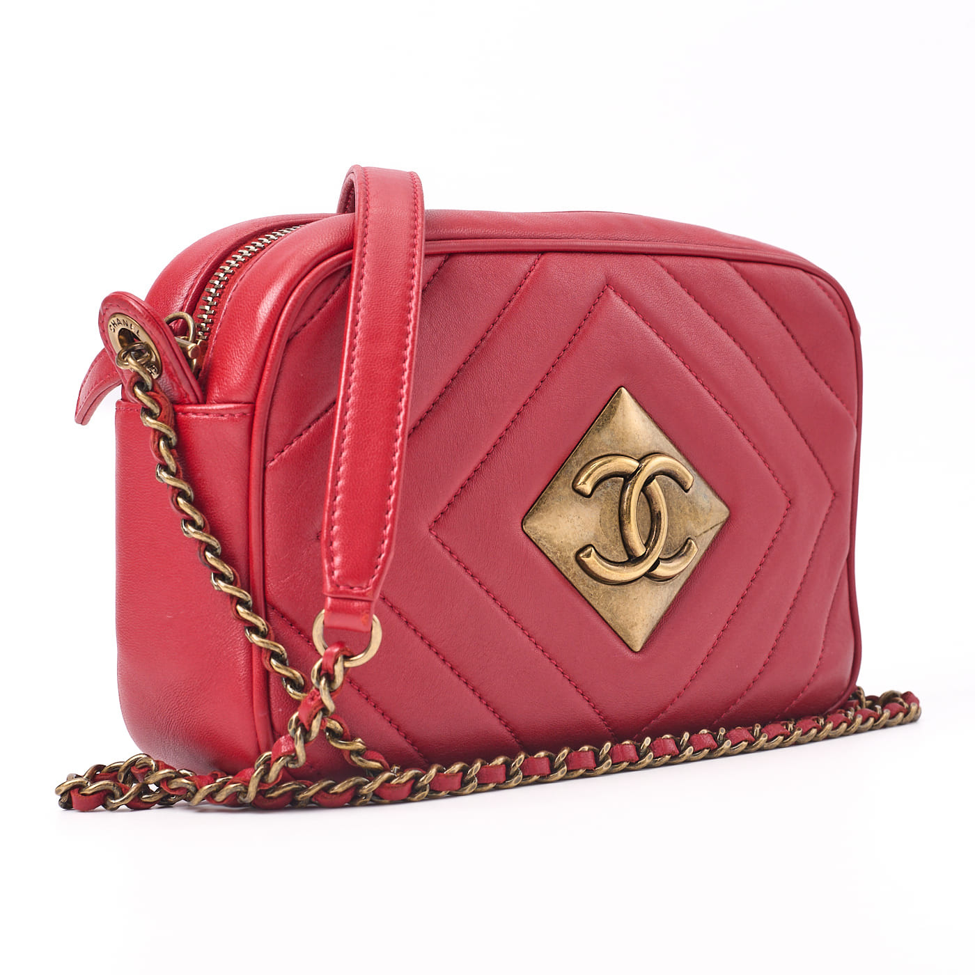 CHANEL Shoulder Bag, Diamond Stitch Coco Mark, Lambskin, Red, Gold-Tone Hardware, Pre-Owned - Vintage La Charme